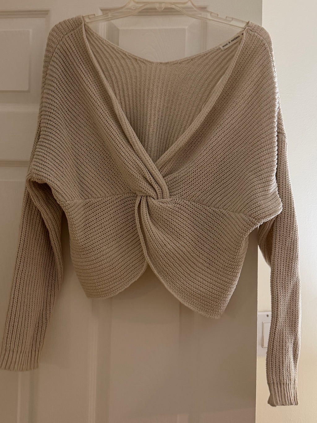 Moon & Madison Beige Twist-Front Off-The-Shoulder Knit Sweater